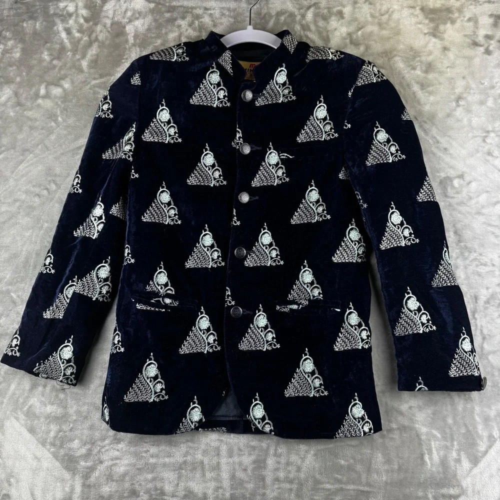 Mimic Velvet Blazer Kids Size‎ 9 Navy Blue Embroidered Mandarin Collar (1640)